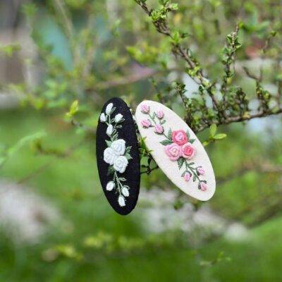 Embroidery Barrette, Oval Pink Rosette Barrette Clip