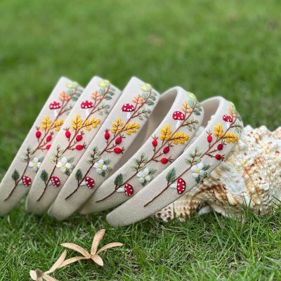 Handmade Embroidered Linen Headband, Cottagecore Floral Hair Accessory, Feminine Handmade Headband