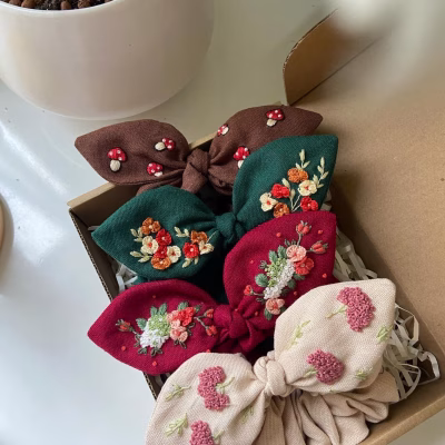 Hand Embroidered Floral Bow Scrunchie | Handmade Linen Hair Accessory